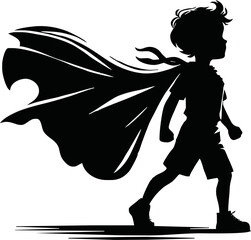 Silhouette of a superhero child with cape blowing in the wind  vector isolated on white background © Avra