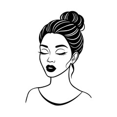Elegant black and white vector portrait of a woman with eyes closed in contemplation