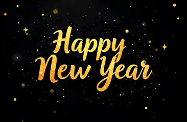 Sign with gold shiny letters on a black background HAPPY NEW YEAR, greetings, holidays