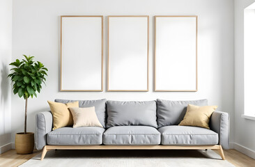 Three wooden vertical frames mockup, mockups, living room with grey sofa, beige pillow, empty vertical mockups for pictures in the living room, white empty space for picture on the wall