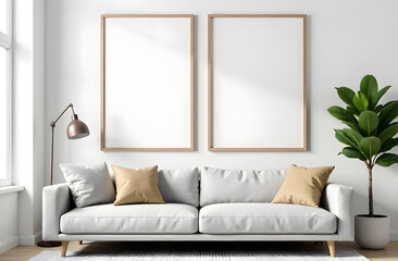 Two wooden vertical frames mockup, mockups, living room with grey sofa, beige pillow, empty vertical mockups for pictures in the living room, white empty space for picture on the wall