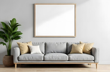 One wooden horizontal frame mockup, mockups, living room with grey sofa, beige pillow, empty vertical mockups for pictures in the living room, white empty space for picture on the wall
