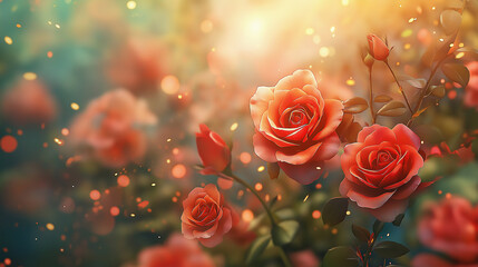 This picture shows a cluster of blooming roses with sunlight on the petals, creating a romantic and dreamy atmosphere.