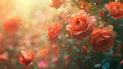 This picture shows a cluster of blooming roses with sunlight on the petals, creating a romantic and dreamy atmosphere.