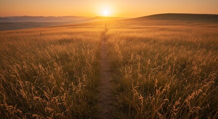 Golden Hour Sunset Over a Grassland Path