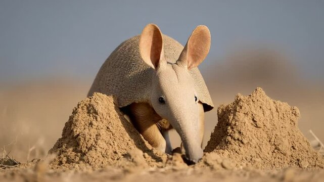 Aardvark digging in sandy terrain under a clear sky, showcasing wildlife behavior in nature
