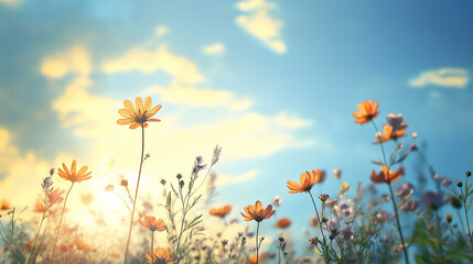 This picture shows a sea of golden flowers with sunlight on the petals, blue sky and white clouds highlighting a peaceful and beautiful natural scene.