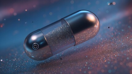 Capsule floating in a colorful cosmic space with a sparkling background and power button illuminated