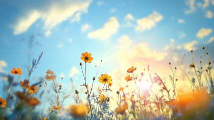This picture shows a sea of golden flowers with sunlight on the petals, blue sky and white clouds highlighting a peaceful and beautiful natural scene.