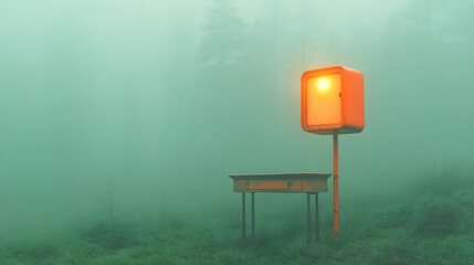Mysterious foggy landscape with illuminated object enchanted forest digital art surreal environment atmospheric view