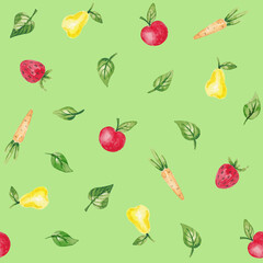 Apples, pears, carrots seamless pattern hand drawn with watercolor. Cute childish pattern with summer plants. Colorful kid design for wallpaper, digital paper, packaging, textile, fabric and so on