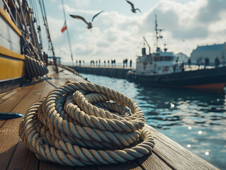 Obraz premium View from onboard a sailing ship docked at Tallinn harbor during Maritime Days. Coiled ropes, wooden deck, people walking on the pier in the background, seagulls flying overhead.