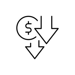 Outline Icon Showing Dollar Value Downward Trend and Reduced Expenses Cost Saving Financial Decrease Symbol