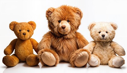 Cute Playful Plush Toy Collection A Breathtaking Trio of Teddy Bear, Lion, and Bear, Perfectly Isolated against a Pristine White Backdrop, Exuding Soft Textures and Vibrant Colors for Digital