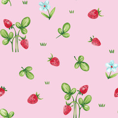Strawberry seamless pattern hand drawn with watercolor. Cute childish pattern with summer berries. Colorful kid design for wallpaper, digital paper, packaging, textile, fabric and so on