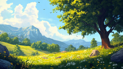 This picture shows a lush green meadow with a tall tree standing in the middle, and distant rolling hills under a blue sky with white clouds, creating a beautiful scene.