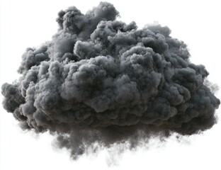 A dense, dark grey cumulus cloud, isolated on a white background, has a three-dimensional, textured appearance