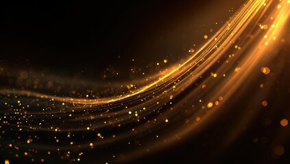 Obraz premium Abstract image of a golden, glowing wave with shimmering particles against a black background. The wave curves gracefully, creating a sense of movement and luxury