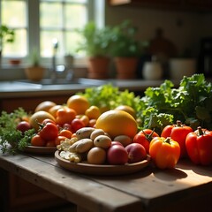 Fresh Produce Display on Rustic Wooden Kitchen Table