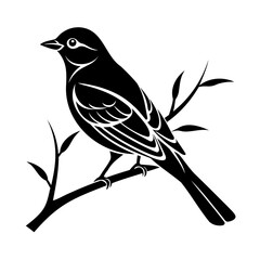 Elegant black bird silhouette perched on a branch with leaves against a white background