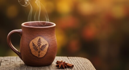 Rustic Brown Mug of Steaming Tea on Wooden Surface with Autumnal Background