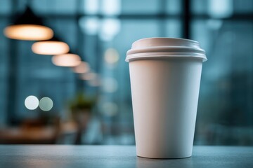 A white disposable coffee cup sits on a counter in a softly lit cafe, with a blurred background showing windows and hanging lights