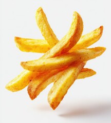 A cluster of golden-brown, thick-cut potato wedges floats against a stark white backdrop, showcasing their crispy texture and appetizing color
