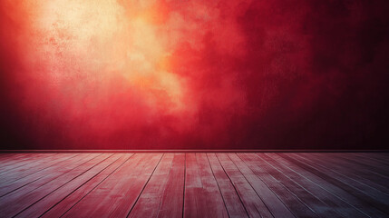 This picture shows an empty room with red walls and wooden floors, which appear warm and mysterious under soft lighting.