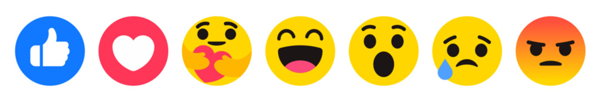 Facebook Reaction Emoji Icons Vector Set with Like, Love, Care, Haha, Wow, Sad, and Angry Face Emotions on Transparent Background for Social Media UI Design and Interaction Elements