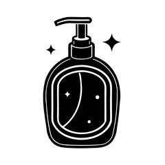 Sleek black and white soap dispenser illustration with modern design and sparkling accents