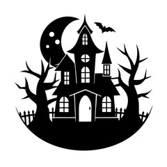 Spooky silhouette of a haunted house with full moon bat and creepy tree silhouettes
