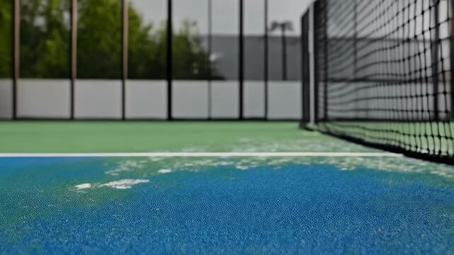 Close up of tennis balls on a blue and green paddle court near a net, sporting equipment for racquet sports