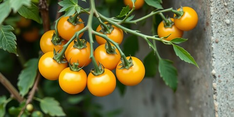 Small yellow cherry tomatoes on vine, vibrant color, snack, sunlight