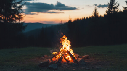 Cozy Campfire Scene Under Twilights in a Forested Mountainous Area