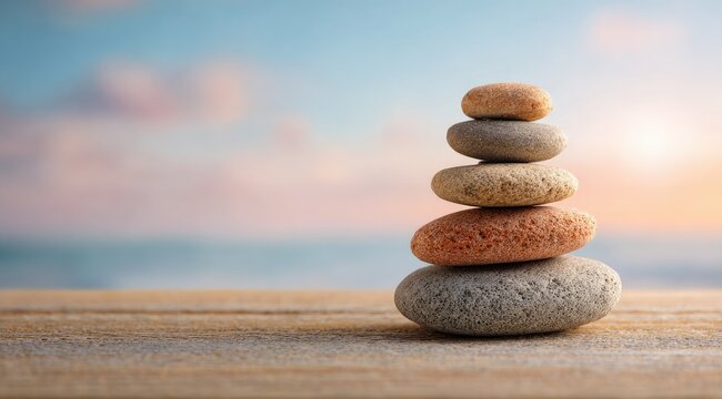 Stacked stones on wood against a serene ocean sunset backdrop.  Peaceful, balanced, and visually calming