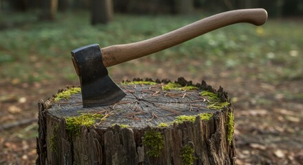 Axe in Mossy Tree Stump in Forest