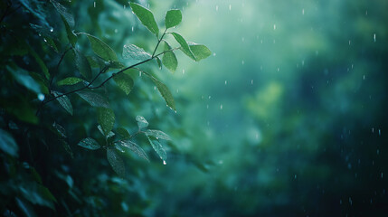 This picture shows lush green plants in the drizzle, appearing particularly fresh with water droplets shimmering on leaves, creating a tranquil and vibrant atmosphere.