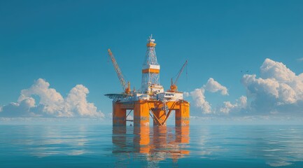 A large offshore oil rig sits in calm, blue water under a mostly clear sky with fluffy white clouds.  The rig is orange and white, reflecting in the water