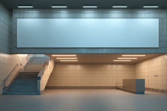 A wide, blank billboard hangs above a staircase and underpass in a subway station.  The walls are tiled, lit by recessed lights, creating a modern, clean aesthetic