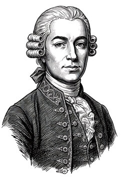 Elegant black and white drawing of a historical man in period costume, featuring detailed facial features, curled hair, and a ruffled cravat in classic portrait format