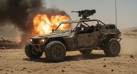 Tactical vehicle in desert environment with explosion effect adventure travel