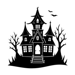 Spooky black silhouette illustration of a haunted house with bats and bare trees for halloween