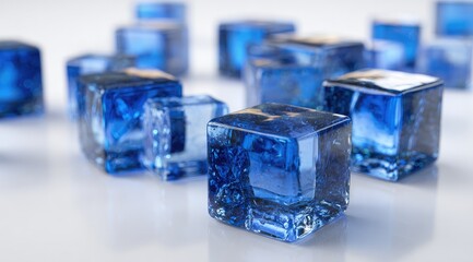A close-up shot of numerous translucent blue ice cubes scattered on a reflective white surface, showcasing their crystalline structure and subtle variations in hue