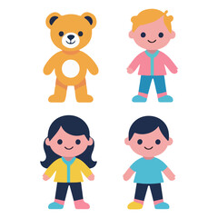 This image displays a cartoonstyle teddy bear and three children arranged in a twobytwo grid