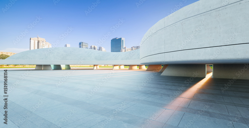 Poster 3d rendering empty square with modern concrete structures and cityscape
