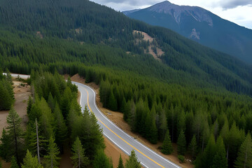Aerial view of a scenic route with sharp turns surrounded by tall evergreens - Drone shot over a winding mountain road cutting through dense pine forest