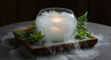 Glass Bowl Candle with Smoke and Plants on Wooden Tray