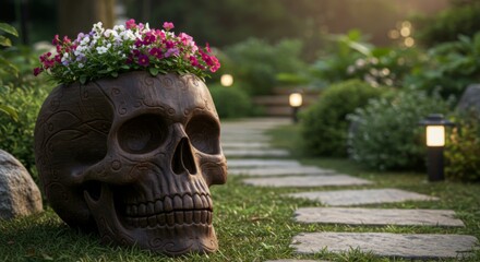 Dark Brown Skull Planter with Pink and White Flowers in a Garden