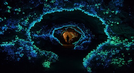 Person Silhouetted in Bioluminescent Cave