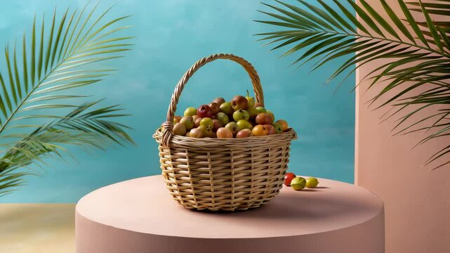 A wicker basket brimming with vibrant, ripe acerola cherries sits on a peach-colored pedestal against a tranquil blue backdrop, adorned with lush palm fronds.